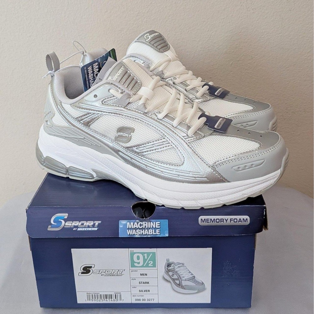 New Skechers S Sport Men's Stark Memory Foam Sneakers Shoes White Silver 9.5